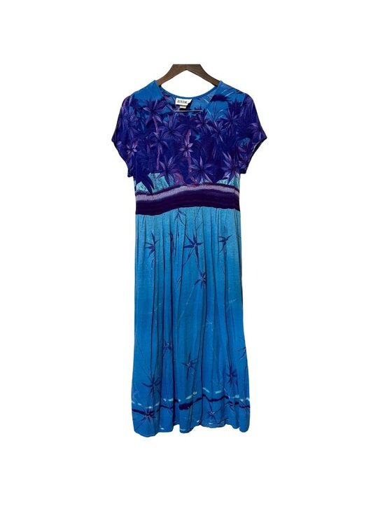 Just In Thyme Ltd Dresses & Skirts - Tropical Print Maxi Dress Blue & Purple Short Sleeve Tie Waist Casual Boho gauze